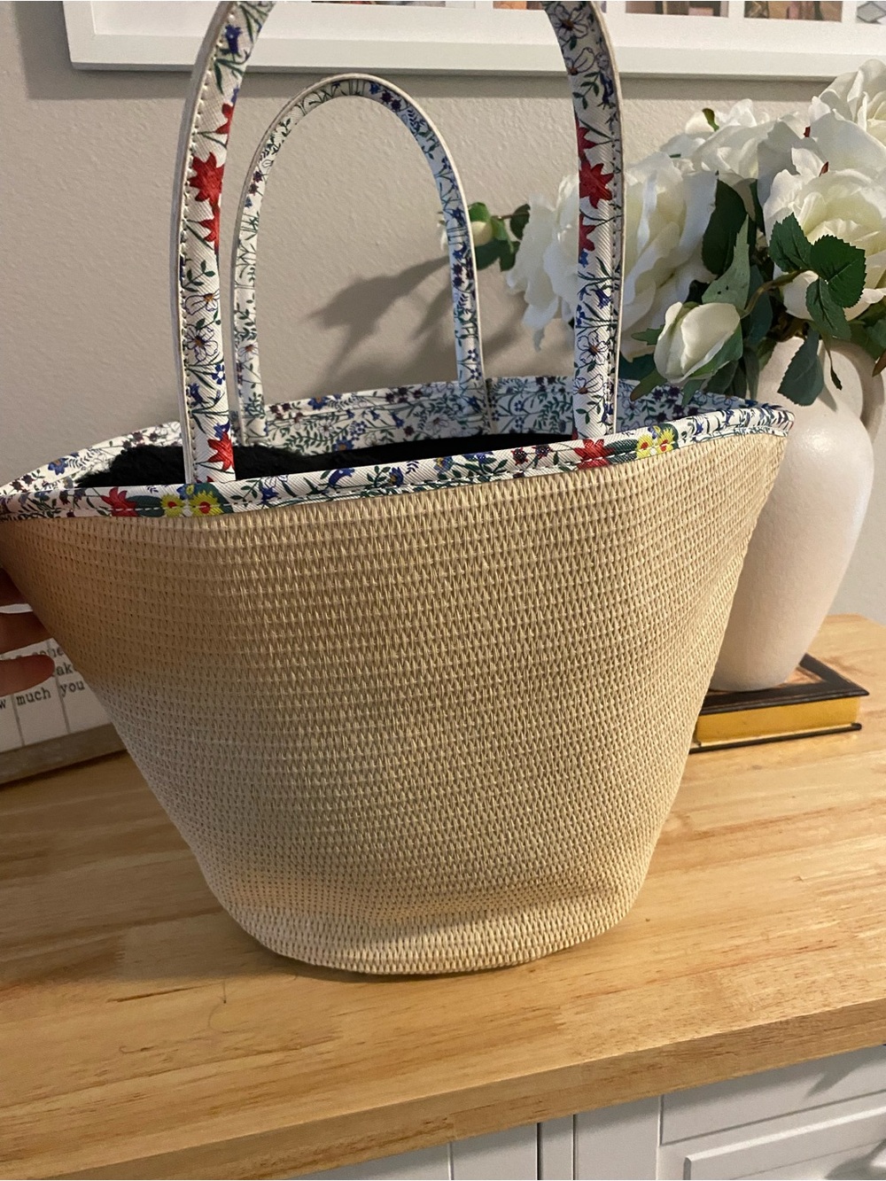Floral-Trim Natural Straw Tote with Patterned Handles